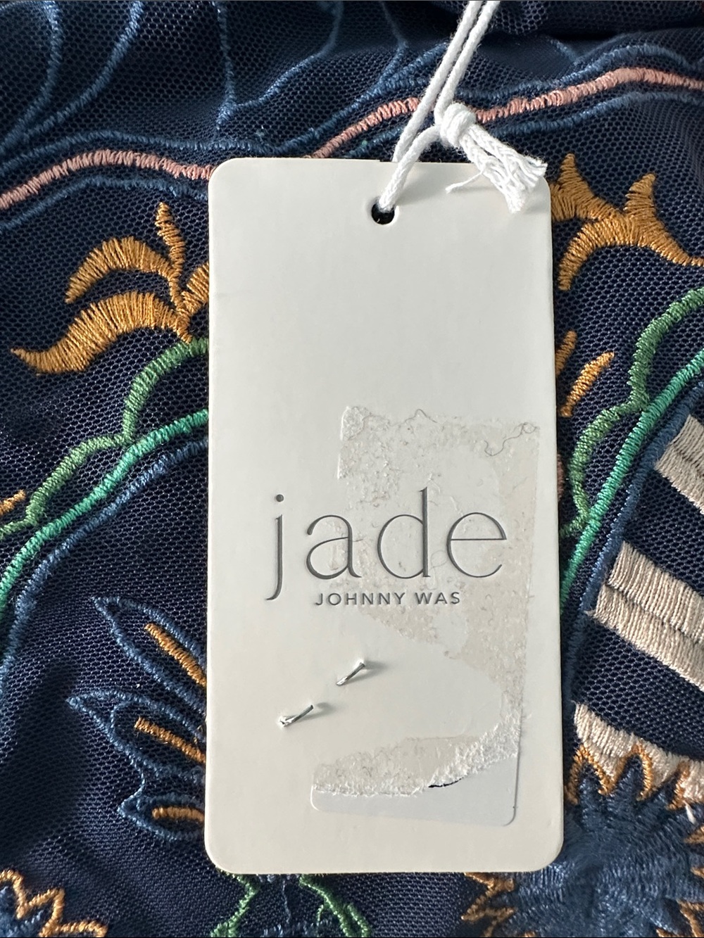 Johnny Was-Jade-Kaia mesh tee stretch Del Mar navy Embroidery elbow sleeve Sz S - Picture 10 of 15